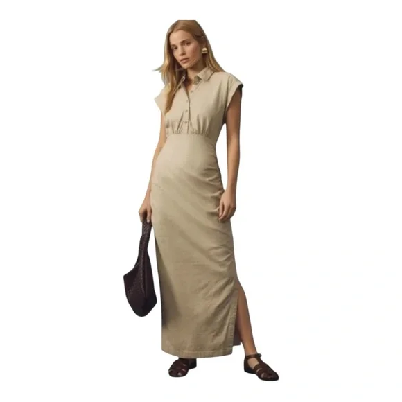Anthropologie Tan Maxi Dress Polo Collar Dolman Sleeves - Picture 3 of 9